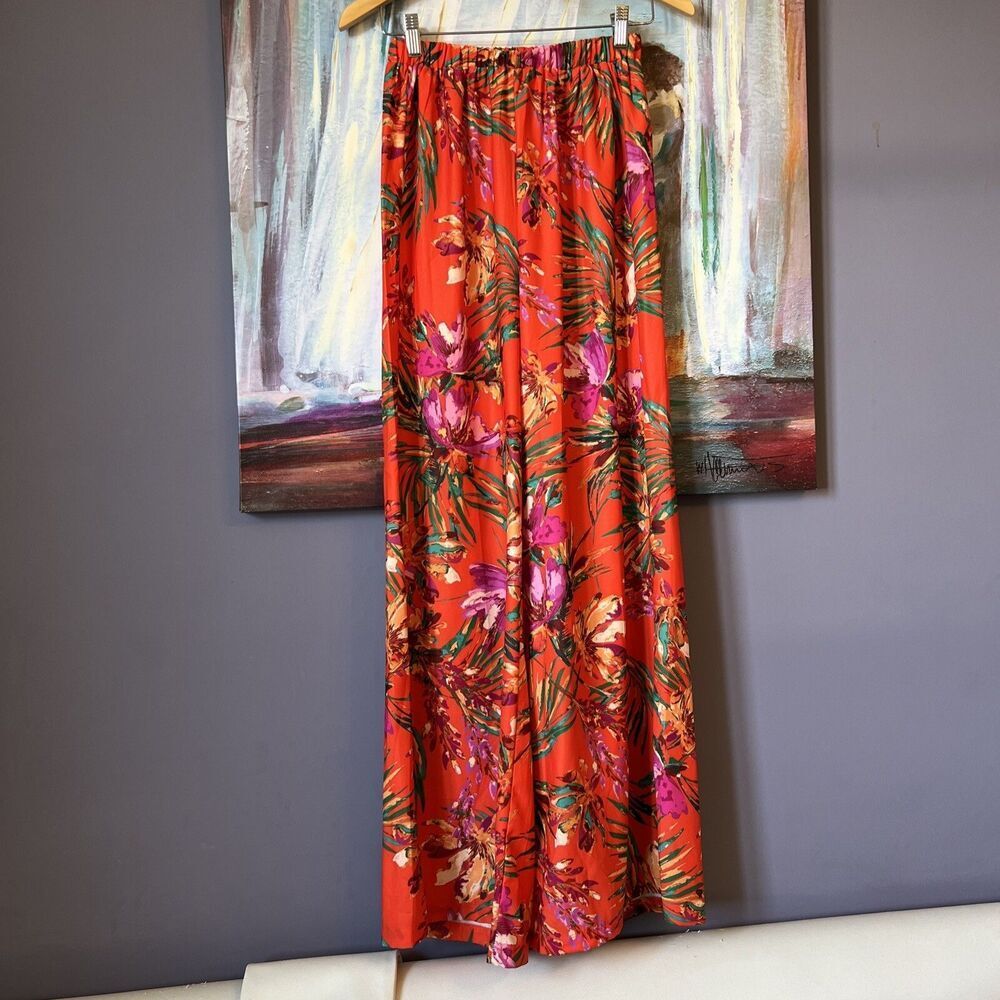 Flying Tomato S Boho Pull on Pants  Festival High Rise Wide Leg Elastic Orange